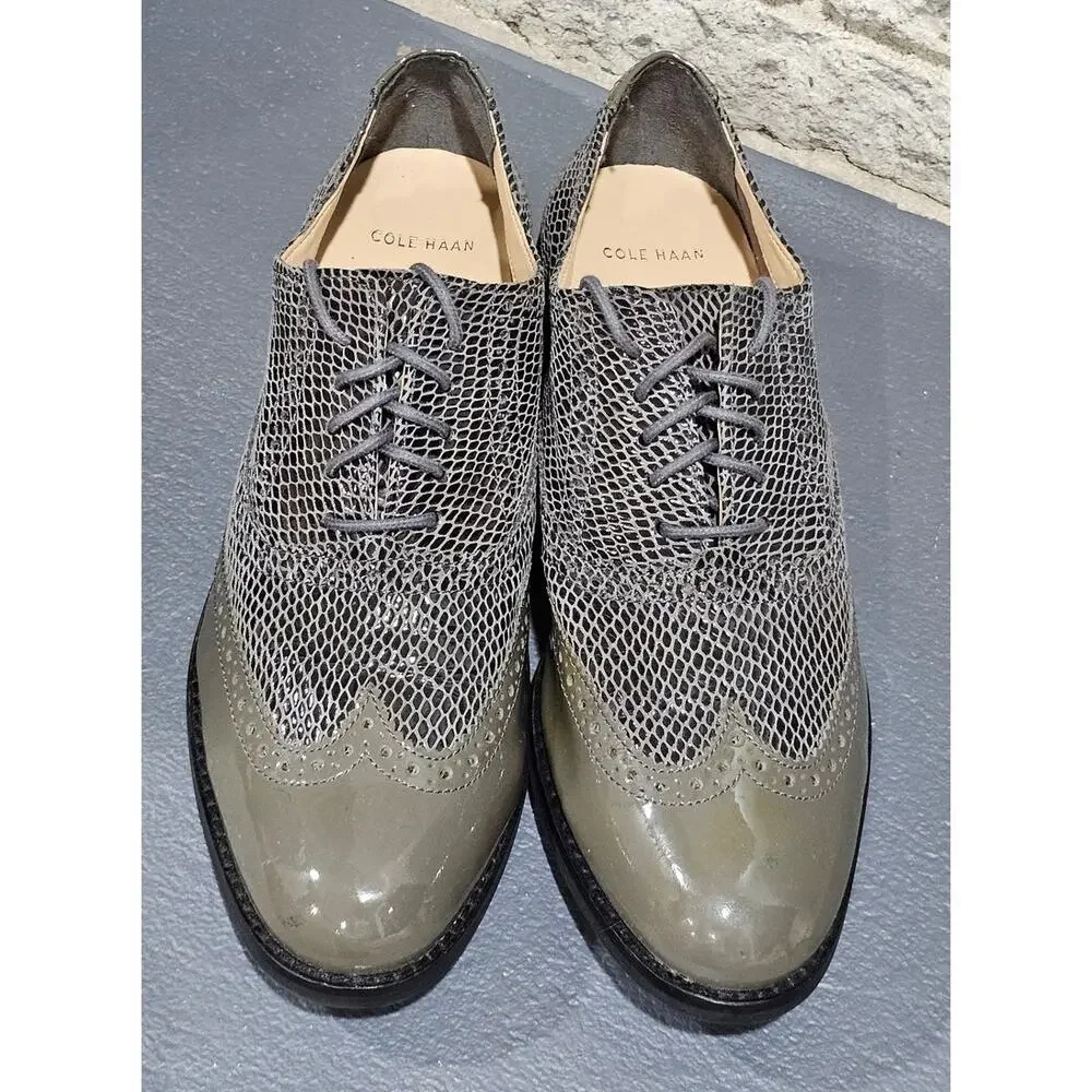 Cole Haan Snake Skin Oxfords, Patent leather, Olive green, Women’s Sz 8